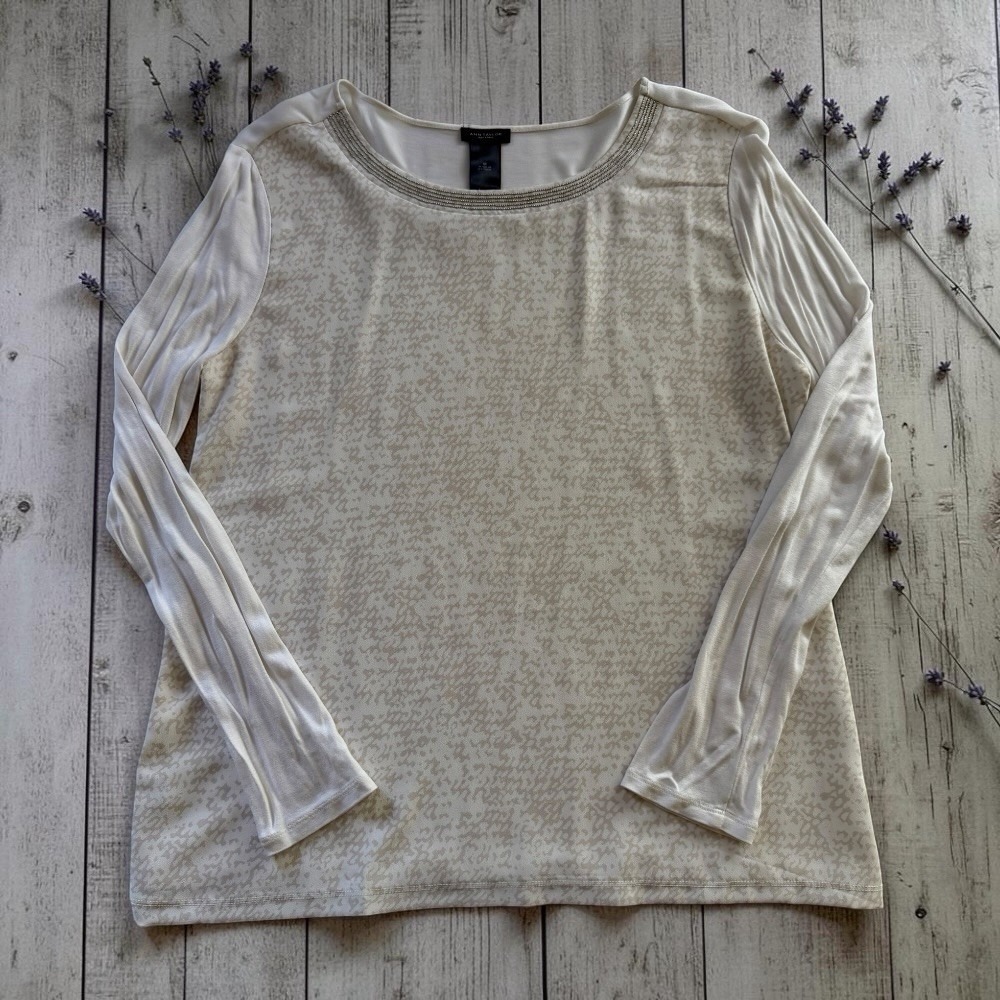 Ann Taylor Textured Metallic Trim Scoop Neck Top Cream White Sheer Sleeve Medium
